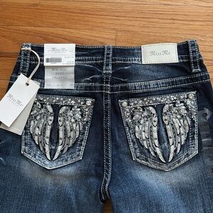 Miss Me Blue Boot Cut Jeans with Distressed Finish Angel‎ Wing Pockets  28/29.5L